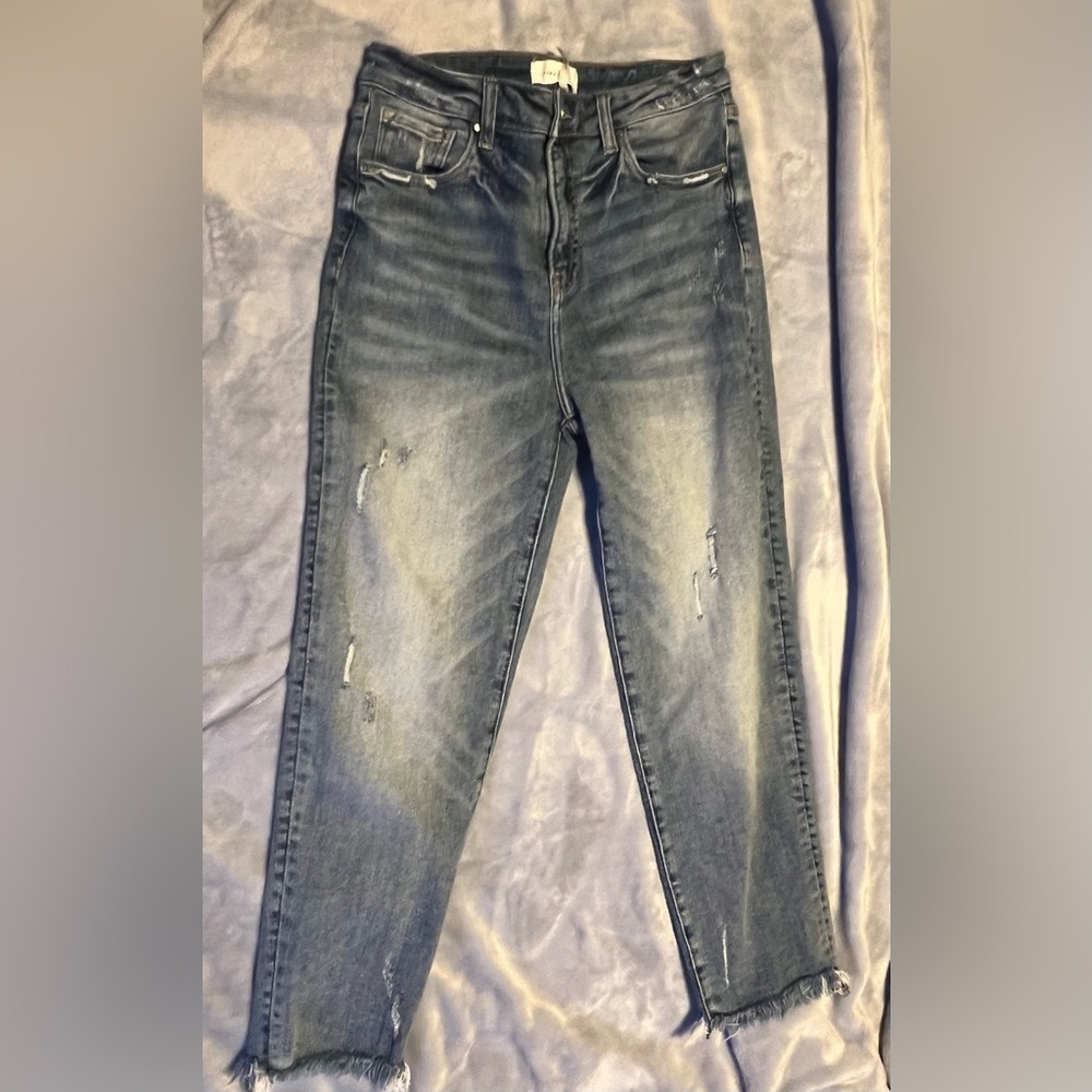RISEN HIGH-RISE MEDIUM WASH RAW HEM SKINNY JEANS SIZE 13